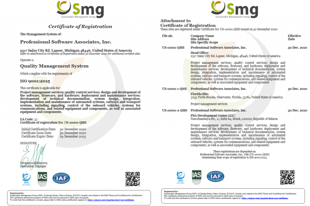 PSA's ISO 9001:2015 certificates.
